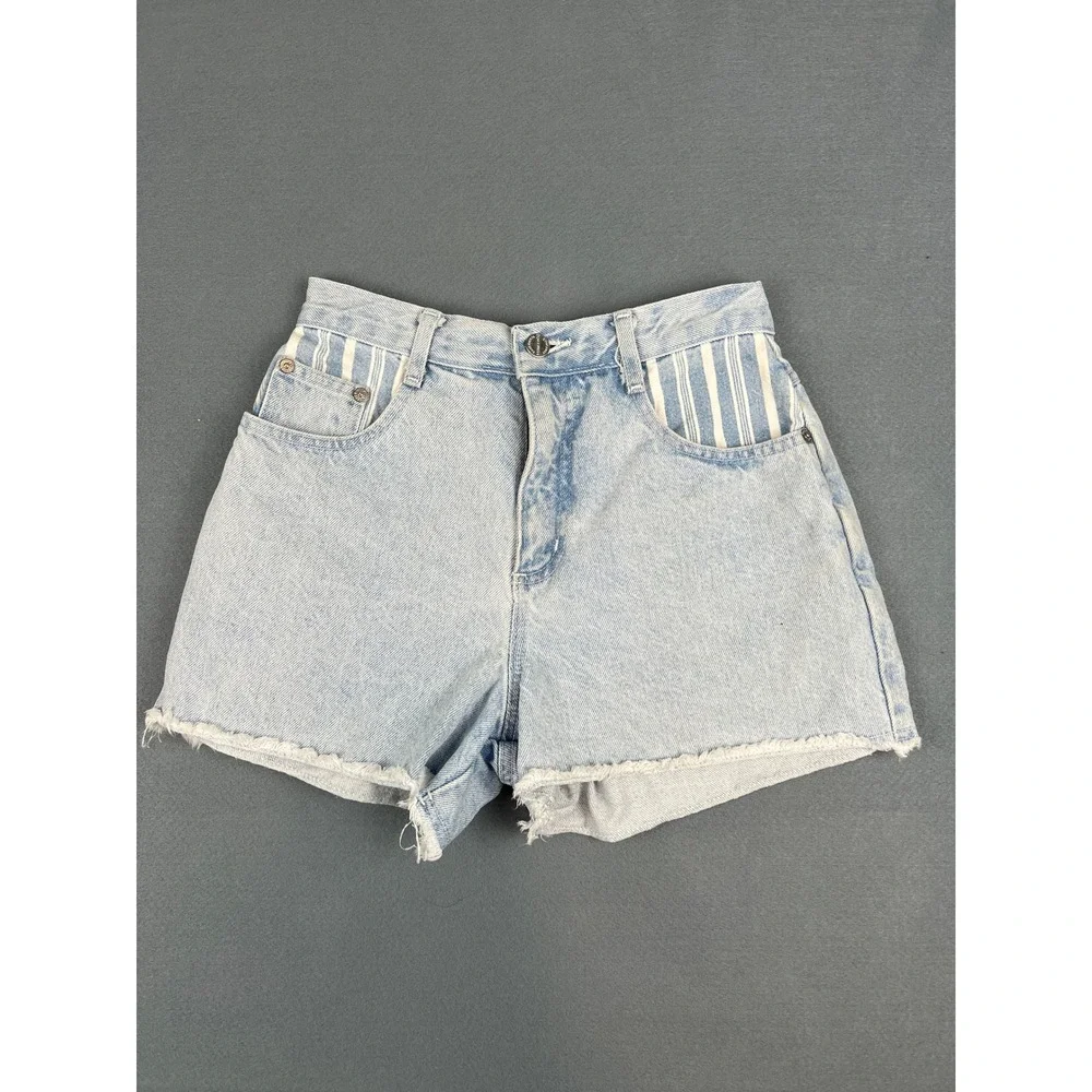 Vintage 90s Denim Shorts High Waist Cutoff Striped Light Wash Cotton XS